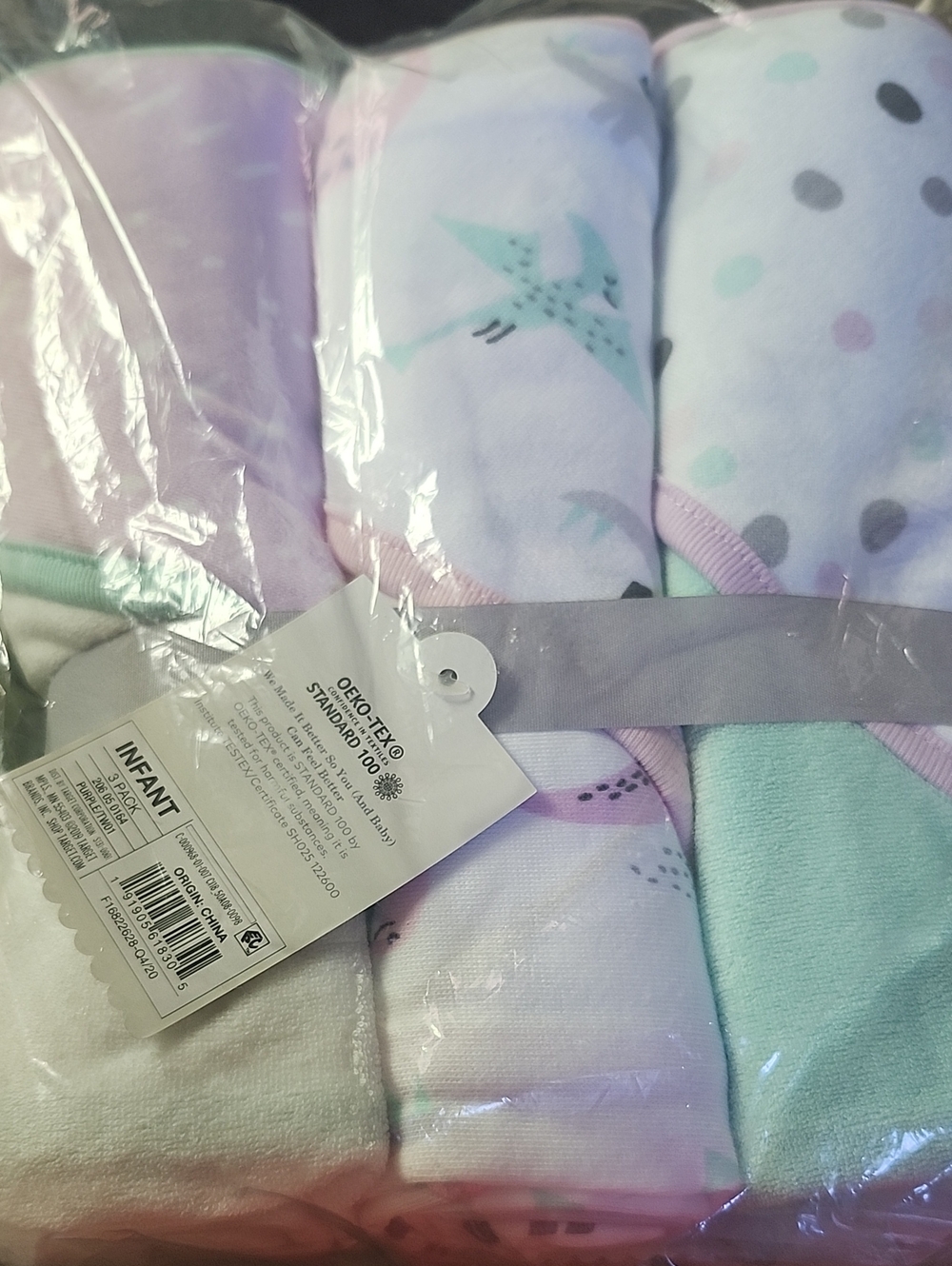Infant Pastel Bird & Polka Dot hooded Bath Towels Lavender, Mint And Polka Dots